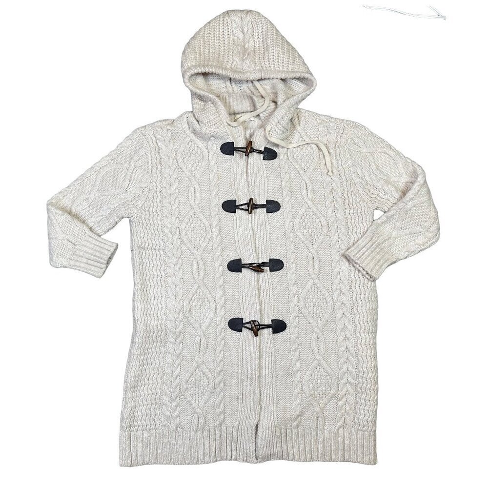 Anthropologie Cable Knit Hooded Toggle Long Cream Cardigan Sweater Womens Medium
